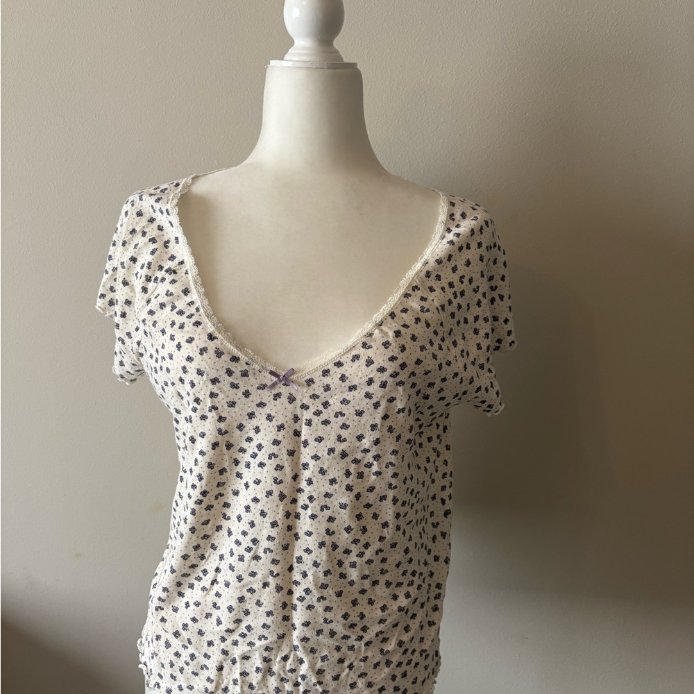 Women's Cream and Blue Patterned Top